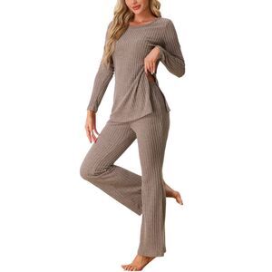 Ribbed Knit Long Sleeves Top and Pants Pajama Two Piece Matching Set Brown